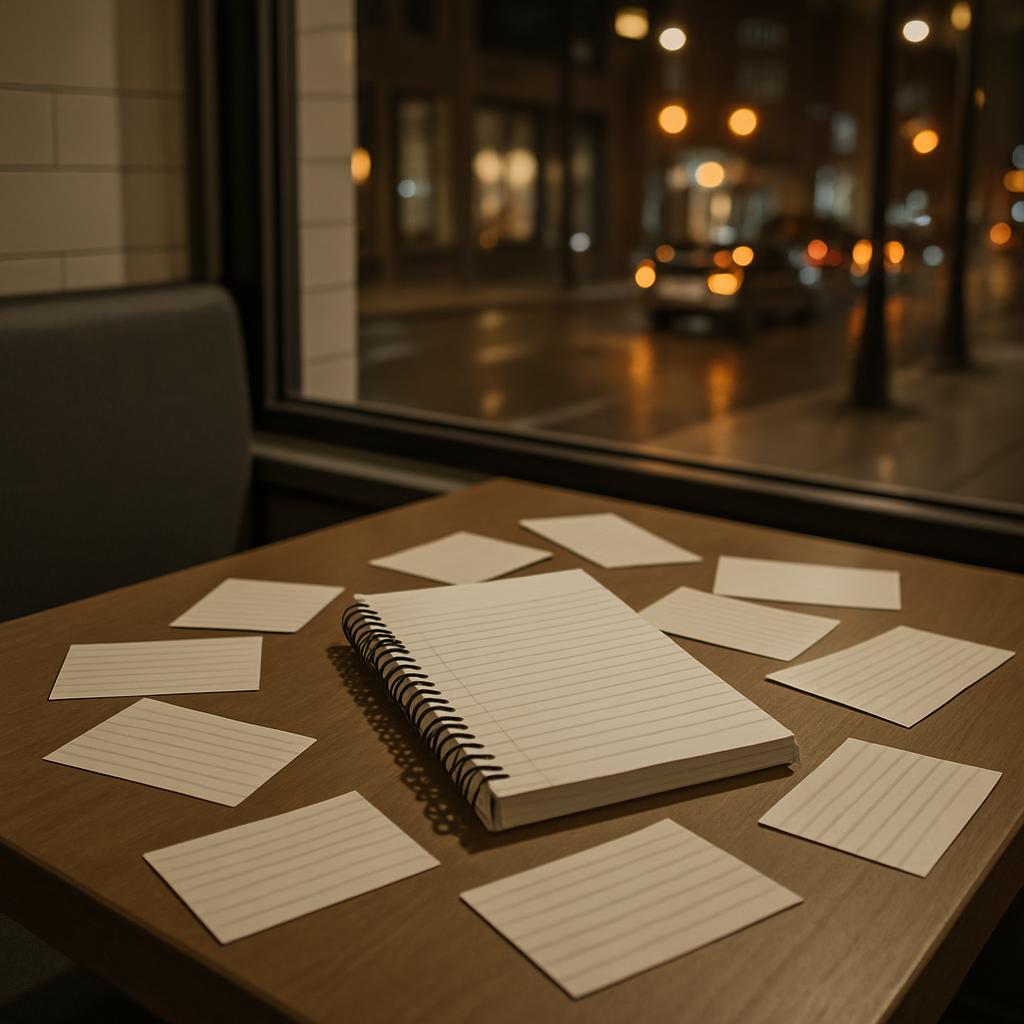 A table with a notebook and blank sticky notes in a dimly lit room next to a window showing a subtle and soft reflection o...