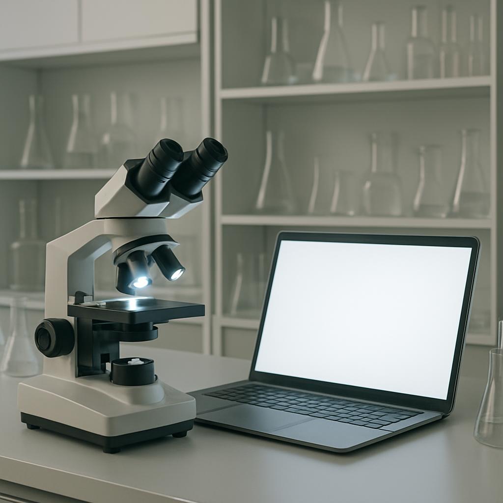 mockup of a laptop and microscope on a lab bench in a science lab, blank screen, laptop computer mockup, microscope mockup...