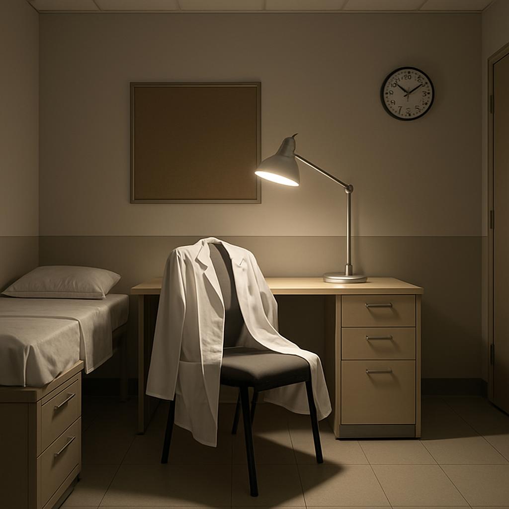 Hospital ward single-bed room with the text, A medical doctor wears a white, left-side-lapelled robe, showcasing their sho...