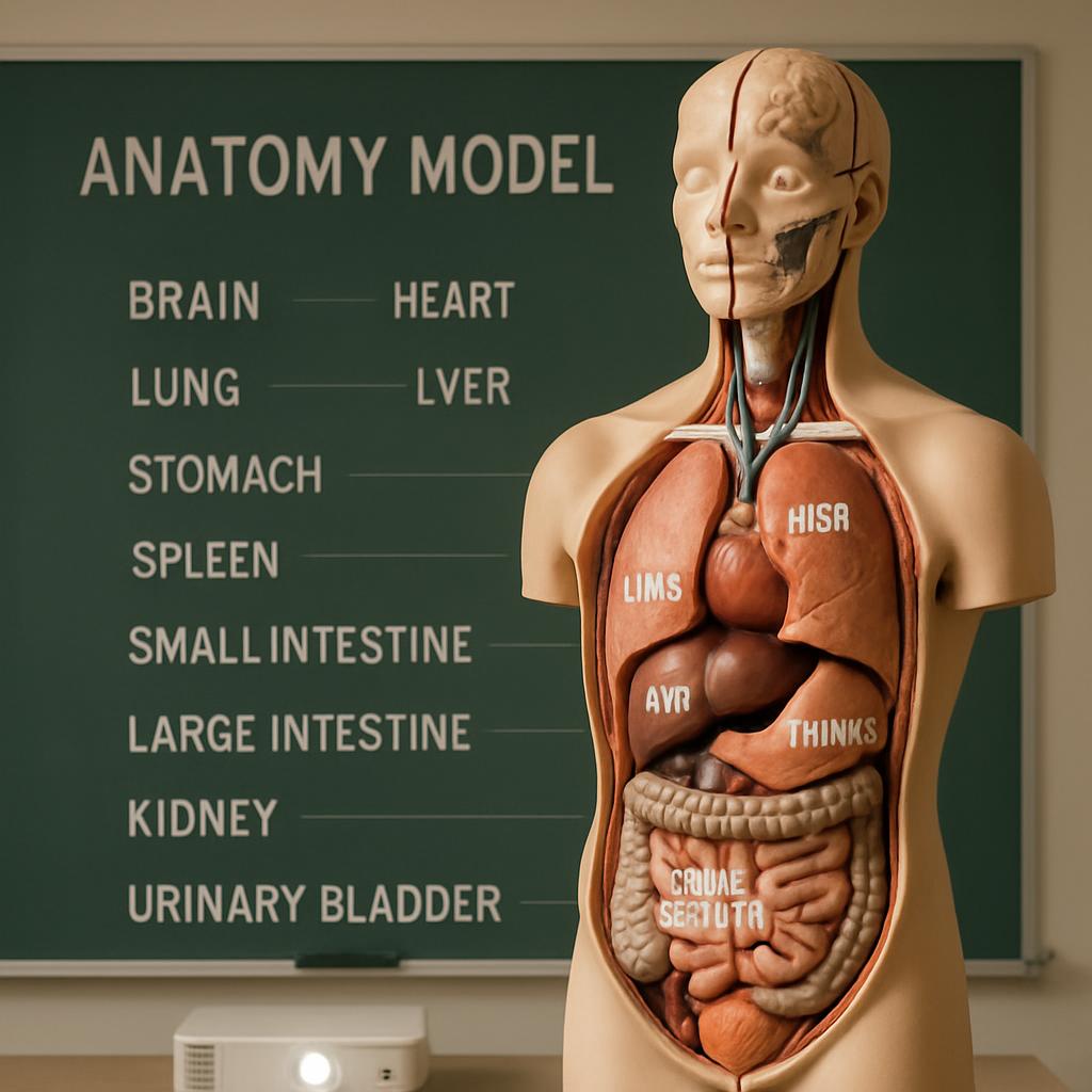 Anatomy model depicting organs in the human torso.