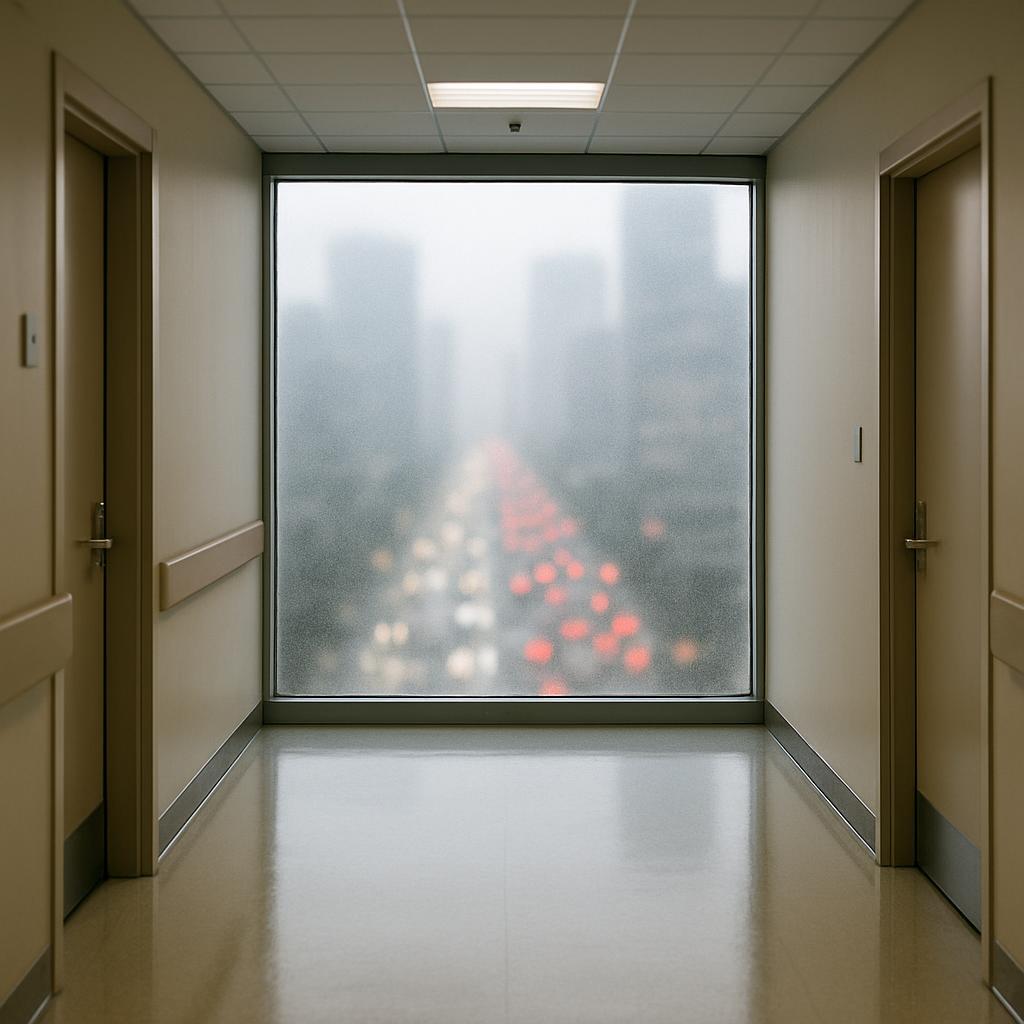 A long, white hospital hallway with multiple doors on each side and a large window looking out at a city through a fogged ...