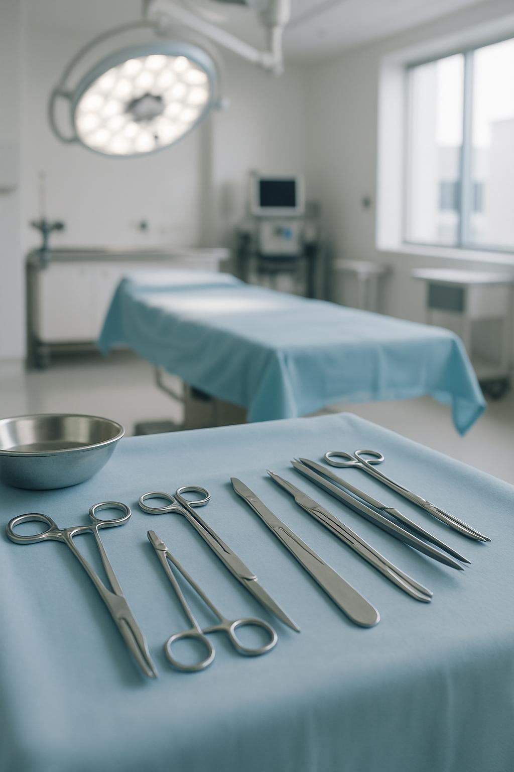 Various surgical instruments laid out on a blue table in a hospital room.