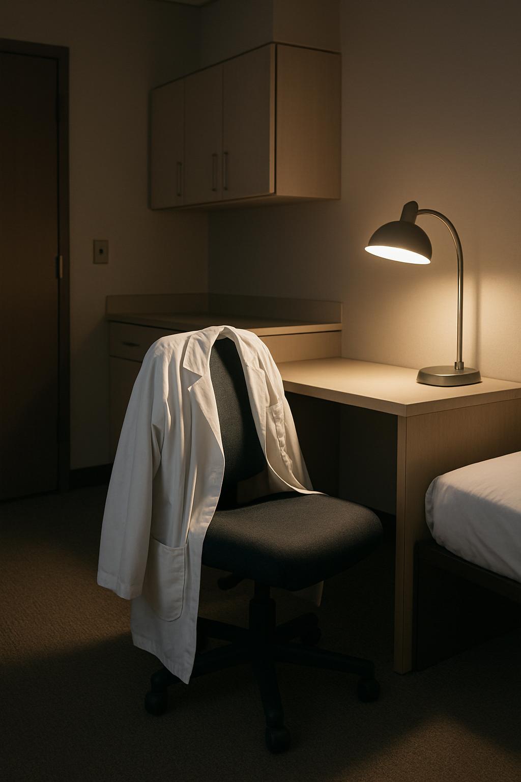 alt text: "Darkly lit image of a medical room with a chair, desk, bed, and shelves."